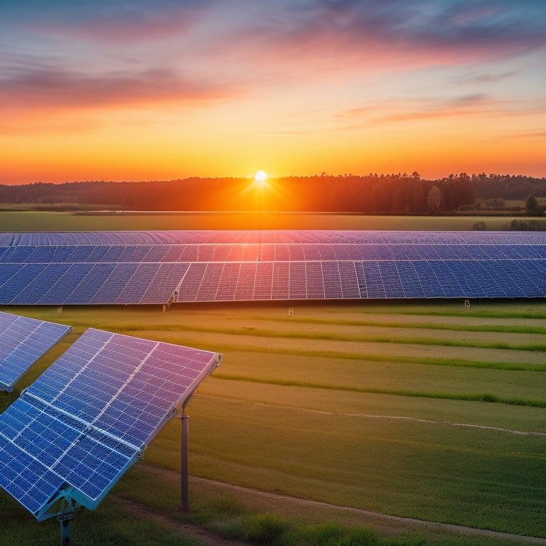 A serene solar farm at sunset, showcasing rows of deep cycle batteries surrounded by vibrant greenery, with a soft glow reflecting off the solar panels, emphasizing sustainability and energy resilience in nature.