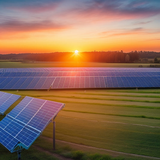 A serene solar farm at sunset, showcasing rows of deep cycle batteries surrounded by vibrant greenery, with a soft glow reflecting off the solar panels, emphasizing sustainability and energy resilience in nature.
