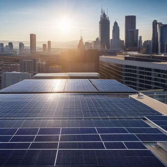 A sunny day with a modern office building's rooftop covered in sleek, black photovoltaic panels, angled at 30 degrees, with shiny silver frames and connectors, amidst a cityscape background.