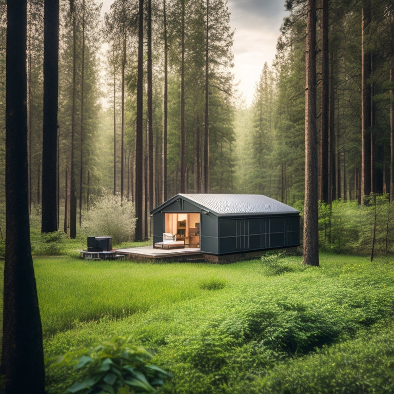 A serene, rustic cabin surrounded by lush greenery, with a sleek, modern battery bank system in the foreground, featuring rows of shiny, black batteries and sleek, silver inverters.