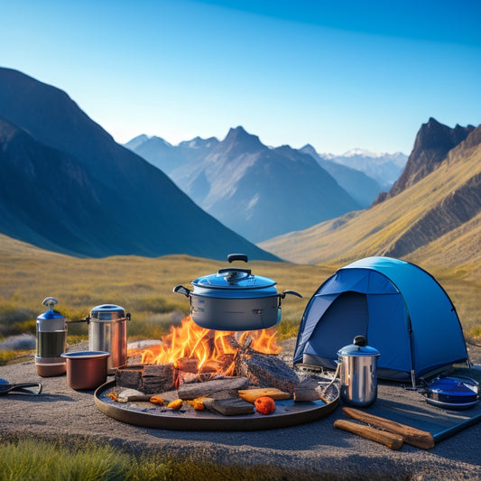 A rugged campsite with a portable camping stove, sleek cookware neatly arranged, a scenic backdrop of mountains, a campfire crackling, and a backpack filled with cooking gear, all under a clear blue sky.