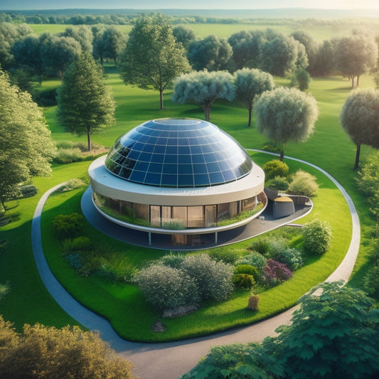 A futuristic, modern home with a rooftop solar array, wind turbine, and green roof, surrounded by a lush garden and a small, sleek energy storage system in the foreground.
