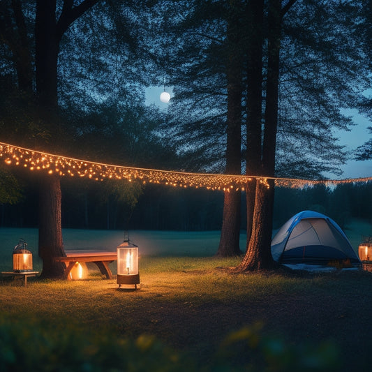 A cozy campsite at dusk, illuminated by warm solar string lights draped between trees, glowing lanterns on a picnic table, a gentle breeze rustling leaves, and a starry sky overhead.