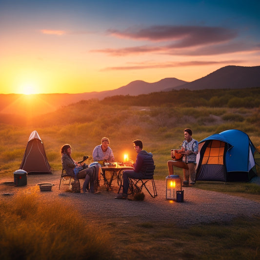 A campsite at sunset with portable solar panels, rechargeable lights, a portable power bank, and a camping stove, surrounded by serene wilderness and happy campers in the background.