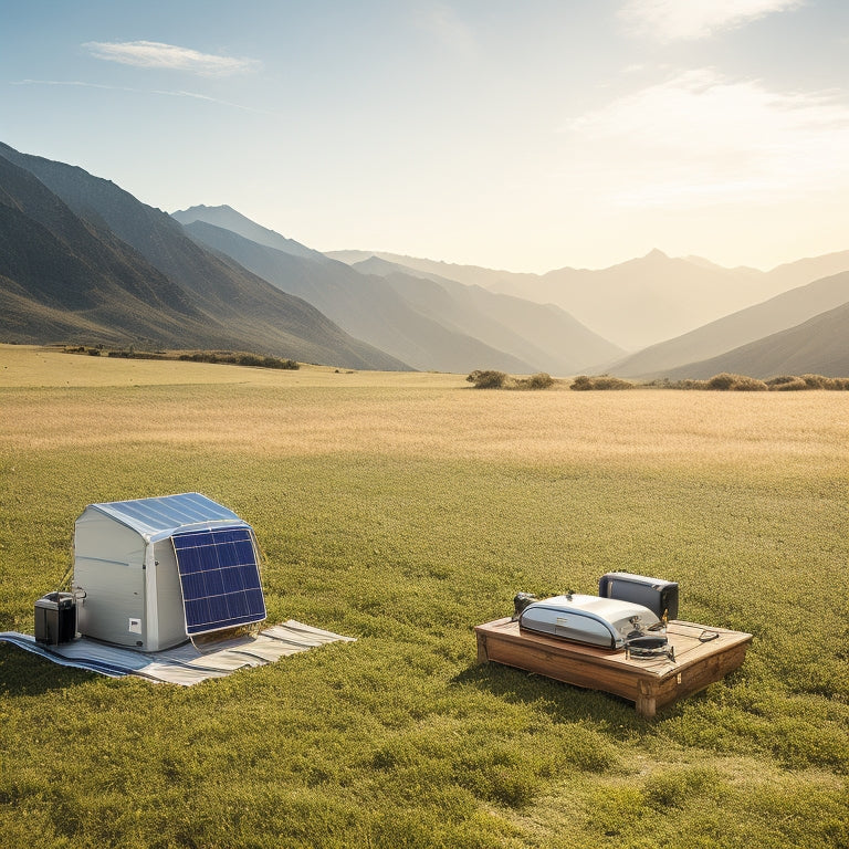 A serene outdoor scene with a compact, foldable solar panel array unfolded on a grassy hill, connected to a sleek, silver portable power station, surrounded by camping gear and a distant mountain range.