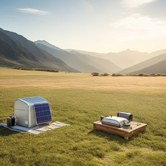 A serene outdoor scene with a compact, foldable solar panel array unfolded on a grassy hill, connected to a sleek, silver portable power station, surrounded by camping gear and a distant mountain range.
