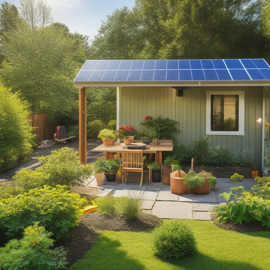 A sunny backyard with a DIY solar panel installation on the roof, surrounded by lush greenery, with a few tools and a hammer lying nearby, and a subtle hint of a energy meter in the corner.