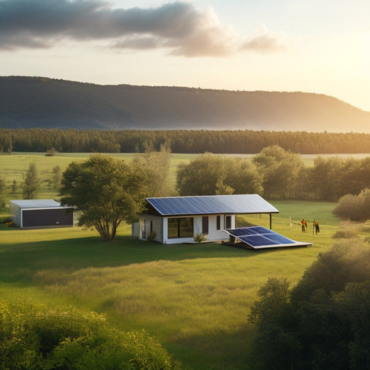 A serene landscape with a modern, eco-friendly off-grid home in the distance, surrounded by lush greenery and a solar panel array, with a subtle glimpse of a battery bank in the foreground.