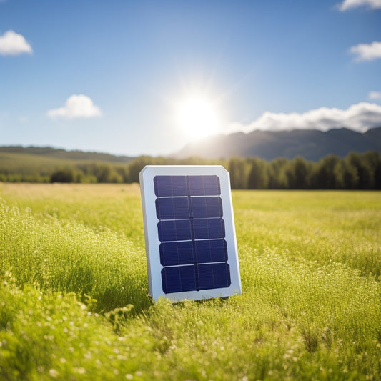 A portable solar panel with a sleek, modern design, connected to a power bank and charging a smartphone, set against a serene, sunny outdoor background with lush greenery and a few fluffy white clouds.