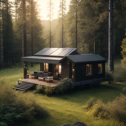 A serene, remote cabin surrounded by lush greenery, with a sleek, black solar panel array mounted on the roof, connected to a battery bank and inverter inside the cabin.