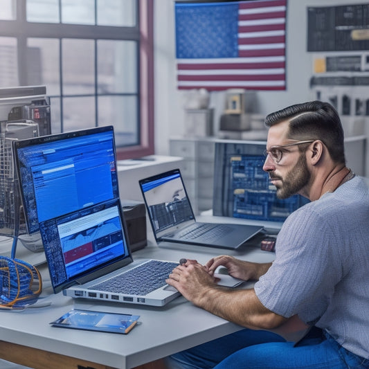 An illustration of a person sitting in front of a laptop, surrounded by various inverter models and diagrams, with a subtle American flag pattern in the background, conveying a sense of online research and comparison.