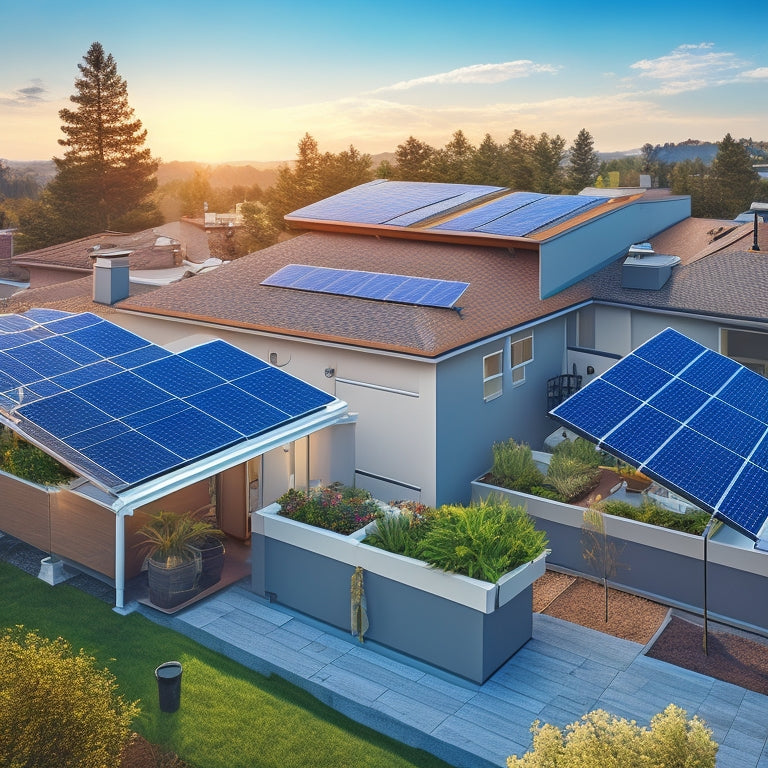 An illustration of a modern residential rooftop with various solar panel mounting systems, including rail-based, railed, and clamp-based systems, showcasing different angles, tilts, and configurations.