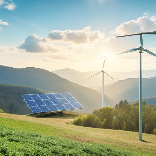 A serene landscape with a modern, sleek solar panel array on a hillside, surrounded by lush greenery, with a faint silhouette of a wind turbine in the background, under a bright blue sky with puffy white clouds.