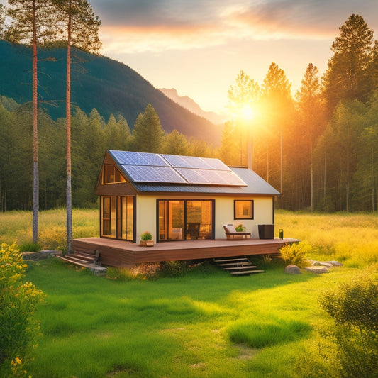 A serene, sun-kissed landscape with a small, eco-friendly cabin, surrounded by lush greenery, featuring a sleek, modern off-grid solar panel array with advanced inverters and a battery bank in the foreground.