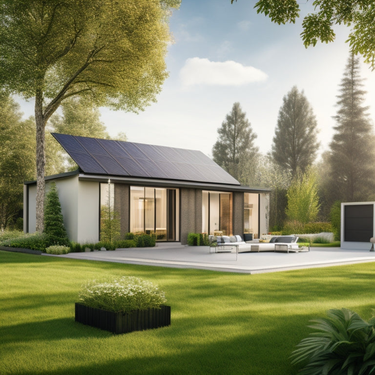 A modern home's backyard with a sleek, wall-mounted battery system, surrounded by solar panels, a charging electric vehicle, and a lush green lawn with a few trees.