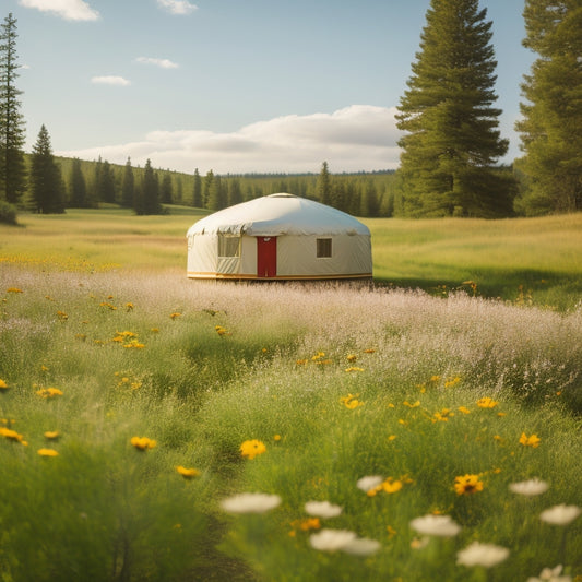 A serene, sun-drenched yurt in a lush meadow, surrounded by wildflowers, with a sleek, anodized aluminum solar mount system seamlessly integrated onto its curved roof, casting a subtle shadow.