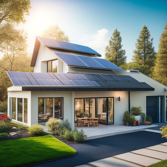 A modern home with solar panels on the roof, a sleek battery storage unit in the garage, vibrant green plants in the garden, and a sunny sky reflecting innovation and sustainability.
