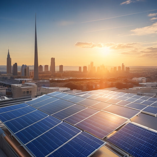 A photorealistic illustration of a modern solar panel array on a rooftop, connected to a sleek battery storage system with copper wires, amidst a cityscape with a bright blue sky.