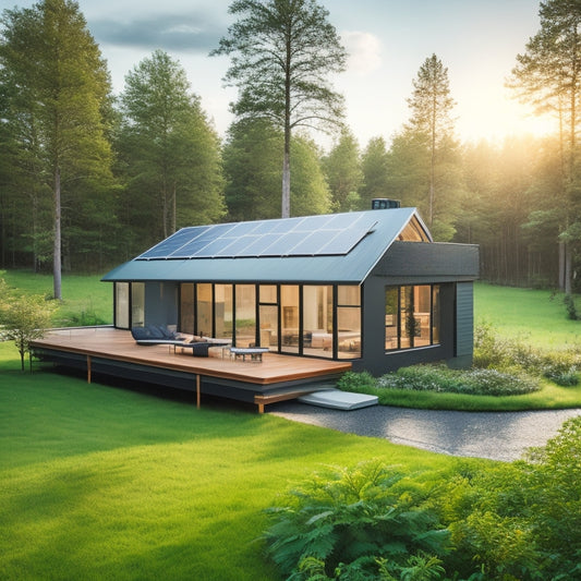 A serene, modern eco-home surrounded by lush greenery, featuring a sleek solar panel array on the roof, a compact wind turbine in the backyard, and a subtle geothermal system integrated into the landscape.