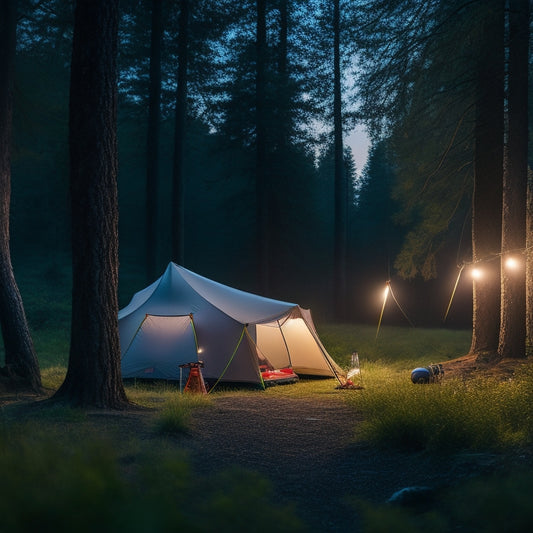 A serene campsite at dusk with a glowing tent, a portable power station, and a string of fairy lights amidst lush greenery, surrounded by a few camping gear and a starry night sky.