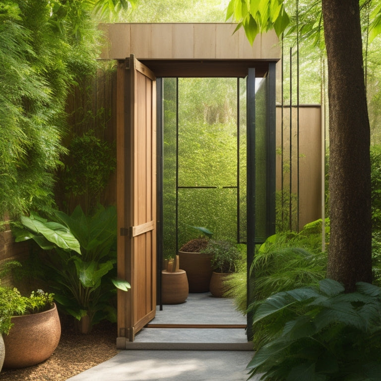 A serene outdoor shower enclosure surrounded by lush greenery, bamboo fencing, natural stone flooring, and hanging terracotta pots. Soft sunlight filters through the leaves, creating a calming, inviting atmosphere perfect for relaxation.