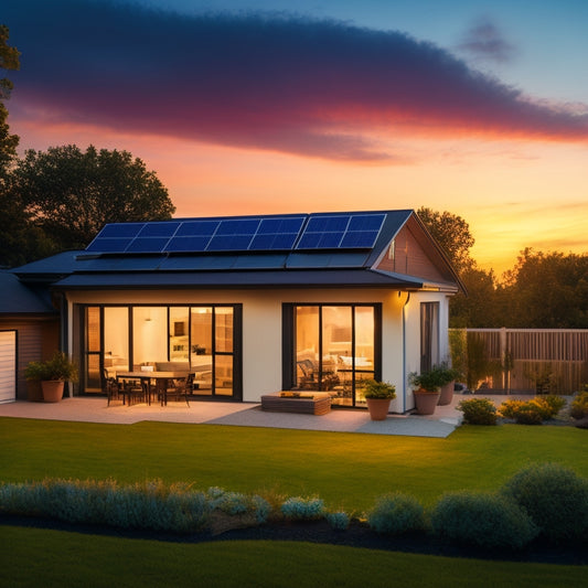 A serene backyard with a modern solar panel array on the roof, a sleek battery storage unit in the corner, and a subtle grid of electrical wiring connecting the two, set against a warm sunset sky.