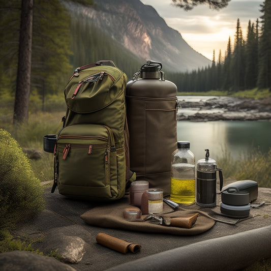 A rugged backpack overflowing with essential survival gear: a multi-tool, fire starter, water filtration system, first aid kit, and a compact hammock, set against a backdrop of dense forest and a serene mountain landscape.