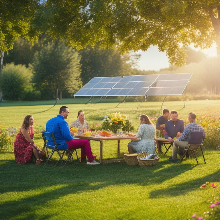 A sunlit outdoor scene featuring solar panels on a vibrant green lawn, surrounded by blooming flowers. A picnic setup with people enjoying food, powered by a solar generator, under a clear blue sky.