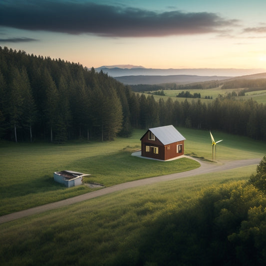 A serene, isolated landscape with a small, sustainable off-grid cabin, surrounded by lush greenery and a wind turbine in the distance, with a subtle, glowing battery icon hovering above the cabin's rooftop.