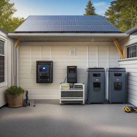 A modern, sleek, and compact home battery backup system installed in a cozy, well-lit garage, with a grid of shiny solar panels on the roof above, and a few tools scattered nearby.