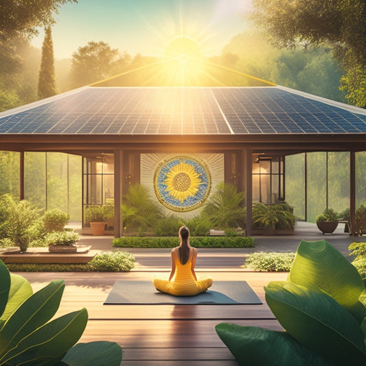 A vibrant illustration depicting a stylized sun radiating warm, golden light, surrounded by lush greenery, solar panels, and a person practicing yoga in a serene outdoor setting.