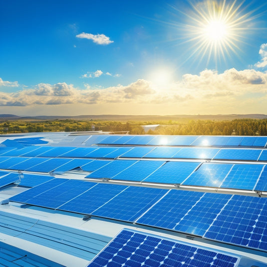 A photorealistic illustration of a sleek, modern rooftop with a neatly arranged array of silver solar panels, complete with metallic frames and wires, set against a bright blue sky with fluffy white clouds.