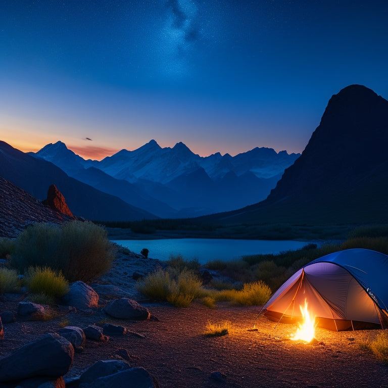 A serene campsite at dusk, featuring a rugged solar power bank charging under starlit skies, surrounded by hiking gear, a glowing campfire, and silhouettes of mountains in the background.