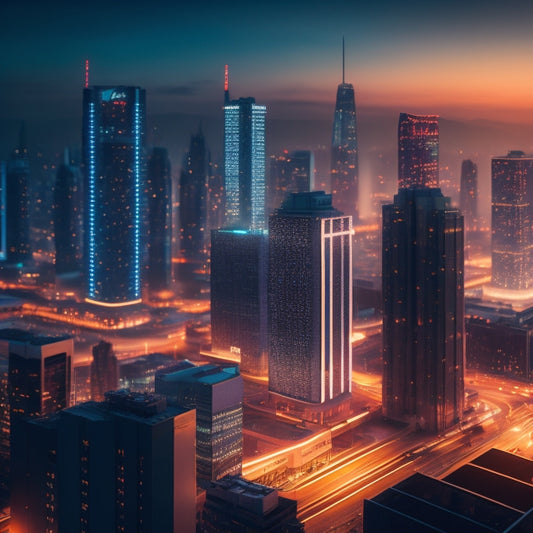 A futuristic, minimalist illustration featuring a cityscape at dusk with sleek, modern buildings and a subtle grid pattern, surrounded by 5-7 stylized, glowing inverter icons of varying sizes.