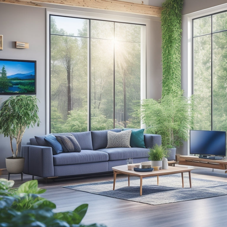 A serene living room with a large window, solar panels on the roof, and a smart thermostat on the wall, surrounded by lush greenery and a few energy-efficient appliances.