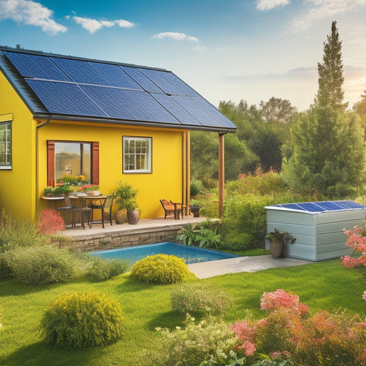 A vibrant scene showcasing a solar panel on a rooftop, a wind turbine in the background, a lush garden with rain barrels, and energy-efficient appliances, all bathed in warm sunlight, embodying sustainable living.