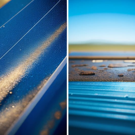 A close-up of a dirty solar panel with visible dirt and grime, next to a sparkling clean panel with water droplets and a faint reflection of a blue sky.