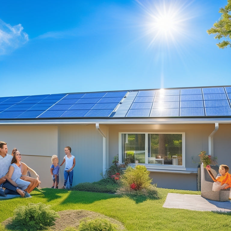 A sunlit rooftop showcasing a sleek 300-watt solar panel, surrounded by lush greenery and a clear blue sky. Below, a digital display shows energy output, while a family enjoys outdoor activities nearby.