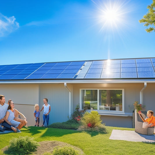 A sunlit rooftop showcasing a sleek 300-watt solar panel, surrounded by lush greenery and a clear blue sky. Below, a digital display shows energy output, while a family enjoys outdoor activities nearby.