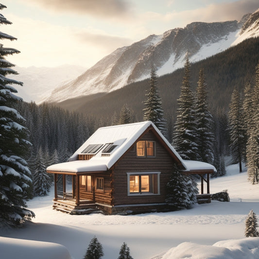 A serene, snow-capped mountain landscape with a small, rustic cabin surrounded by evergreen trees, featuring a rooftop solar panel array and a small, sleek inverter beside the cabin door.