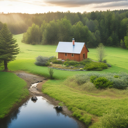 A serene off-grid homestead with a wind turbine, solar panels, and a rainwater harvesting system, surrounded by lush greenery and a meandering stream, with a subtle mist in the background.