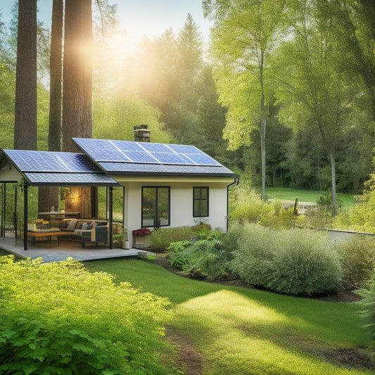 A serene backyard with a DIY solar panel system installed on a wooden roof, surrounded by lush greenery, with a few solar panels angled towards the sun, and wires connecting them to a small inverter box.