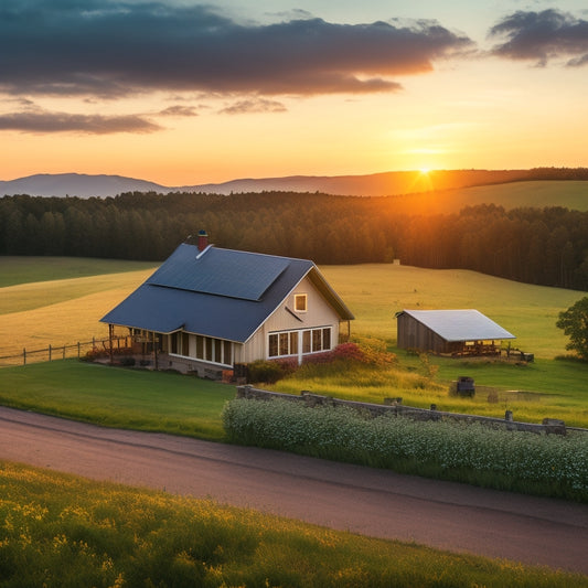 A serene, off-grid homestead at sunset, featuring a rooftop solar array, a wind turbine in the distance, and a battery bank nestled among lush greenery, surrounded by rolling hills and a cloudy sky.
