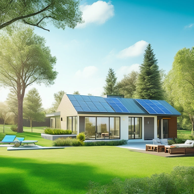 A serene, modern home with solar panels on the roof, a wind turbine in the backyard, and sleek, eco-friendly appliances, surrounded by lush greenery and a bright blue sky.