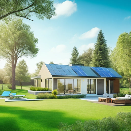 A serene, modern home with solar panels on the roof, a wind turbine in the backyard, and sleek, eco-friendly appliances, surrounded by lush greenery and a bright blue sky.