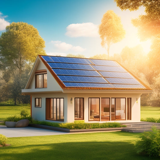 An illustration of a house with solar panels on the roof, surrounded by a lush green environment, with a subtle grid of calculations and mathematical symbols in the background, blending into a sunny sky.