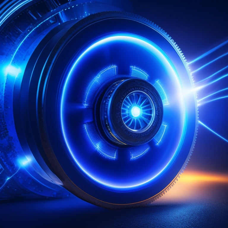 An abstract representation of a well-maintained energy system: interconnected gear wheels, shiny and clean, with sparks and light emanating from the center, surrounded by a faint, glowing aura, set against a dark blue background.