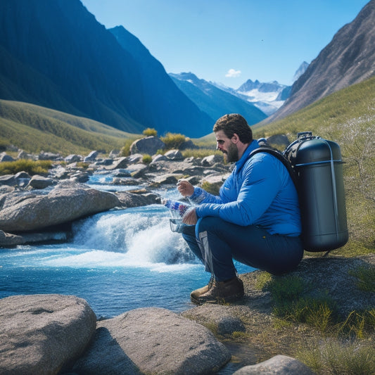 A scenic outdoor setting featuring a hiker filling a portable water filtration system from a pristine mountain stream, surrounded by lush greenery, rugged rocks, and distant snow-capped peaks under a clear blue sky.