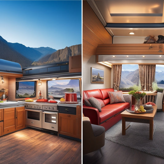 A split-screen illustration: on the left, a dark, powerless RV interior with appliances shutdown; on the right, a bright, powered RV interior with appliances running, solar panels, and an inverter prominently displayed.