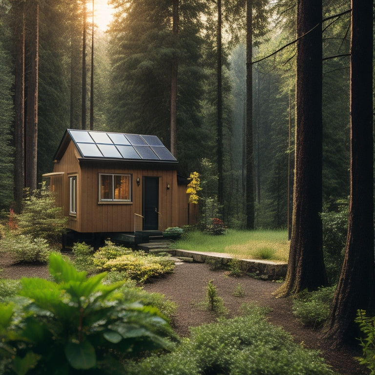 A serene cabin surrounded by evergreen trees, with a subtle solar panel array on the roof, and a small, sleek battery bank installed on the exterior wall, amidst lush greenery.